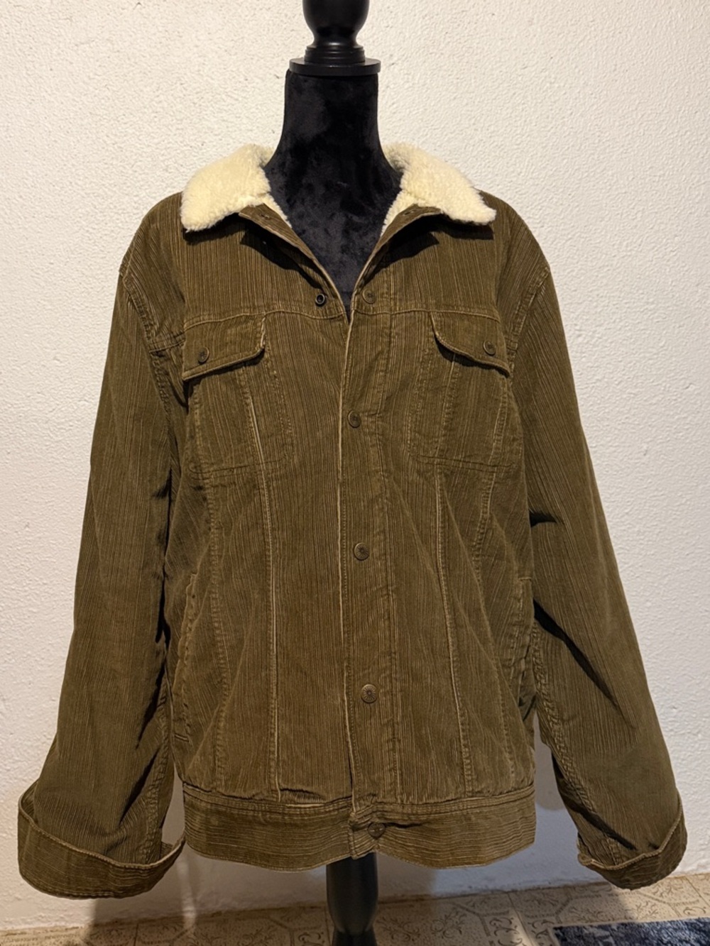 Faherty Olive Corduroy Bomber Jacket with Cream Sherpa Collar